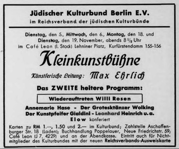 Advertisement for the second light-entertainment programme at the Kleinkunstb&uuml;hne, Caf&eacute; Leon, Berlin, November 1935