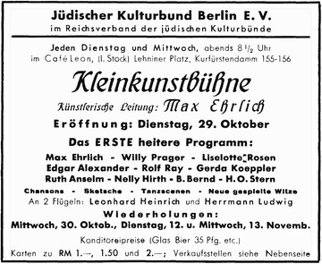 Advertisement for the opening of the Kleinkunstb&uuml;hne at Caf&eacute; Leon, Berlin, 29 October 1935
