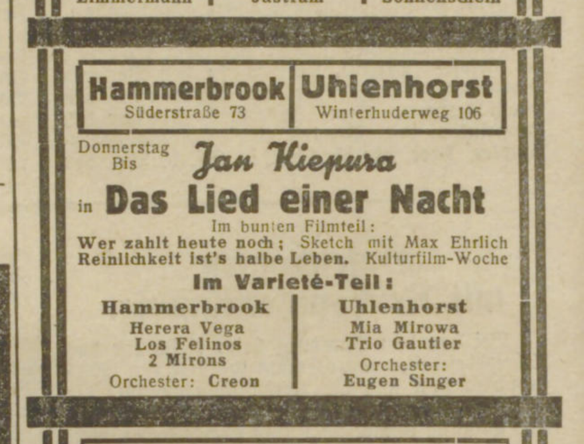 Hamburger Fremdenblatt advertisement for Wer zahlt heute noch? with Max Ehrlich, 12 September 1932, page 15